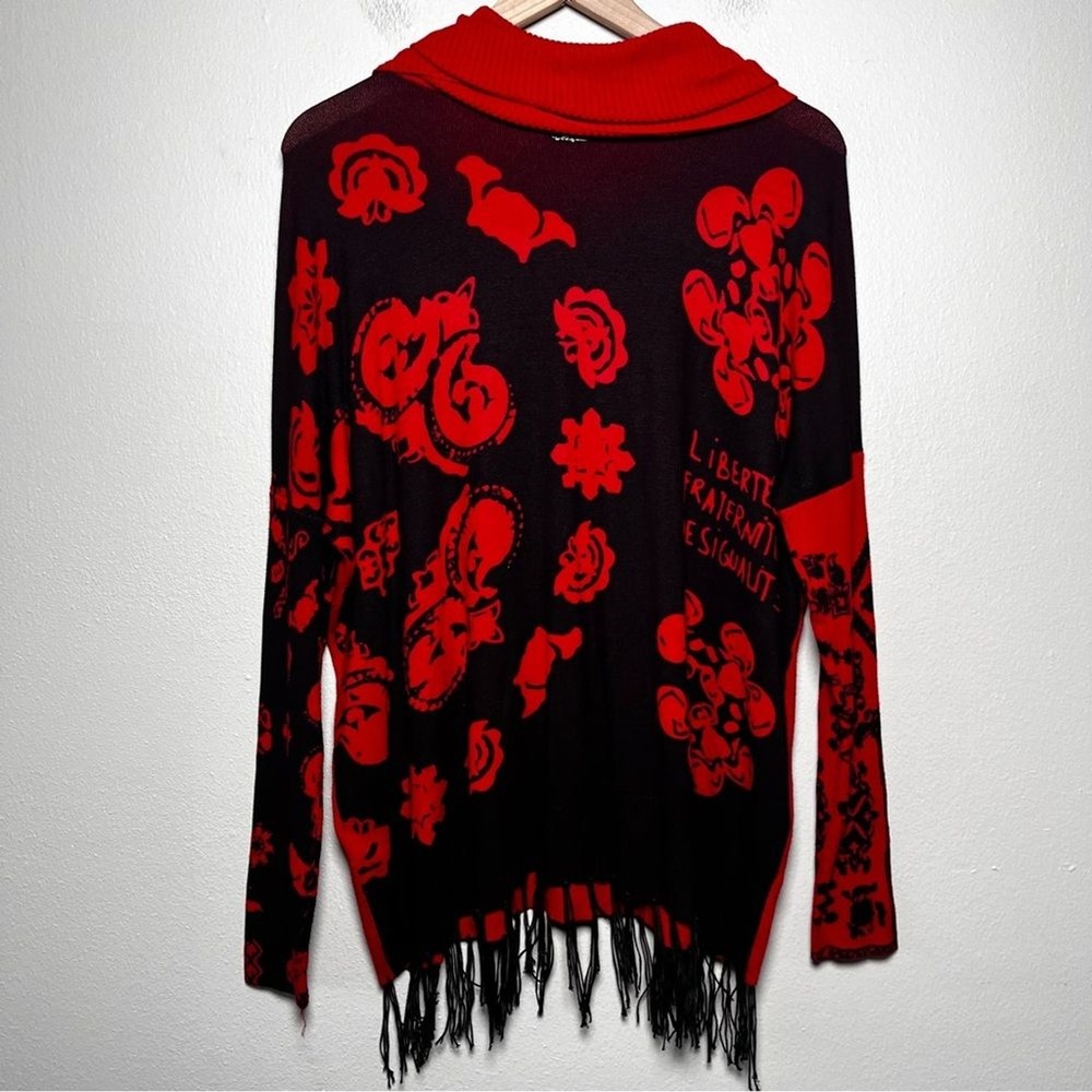 Desigual Women Sweater Medium Red Black Marylebone Fringed Cowl Neck Art Paisley - Picture 11 of 13